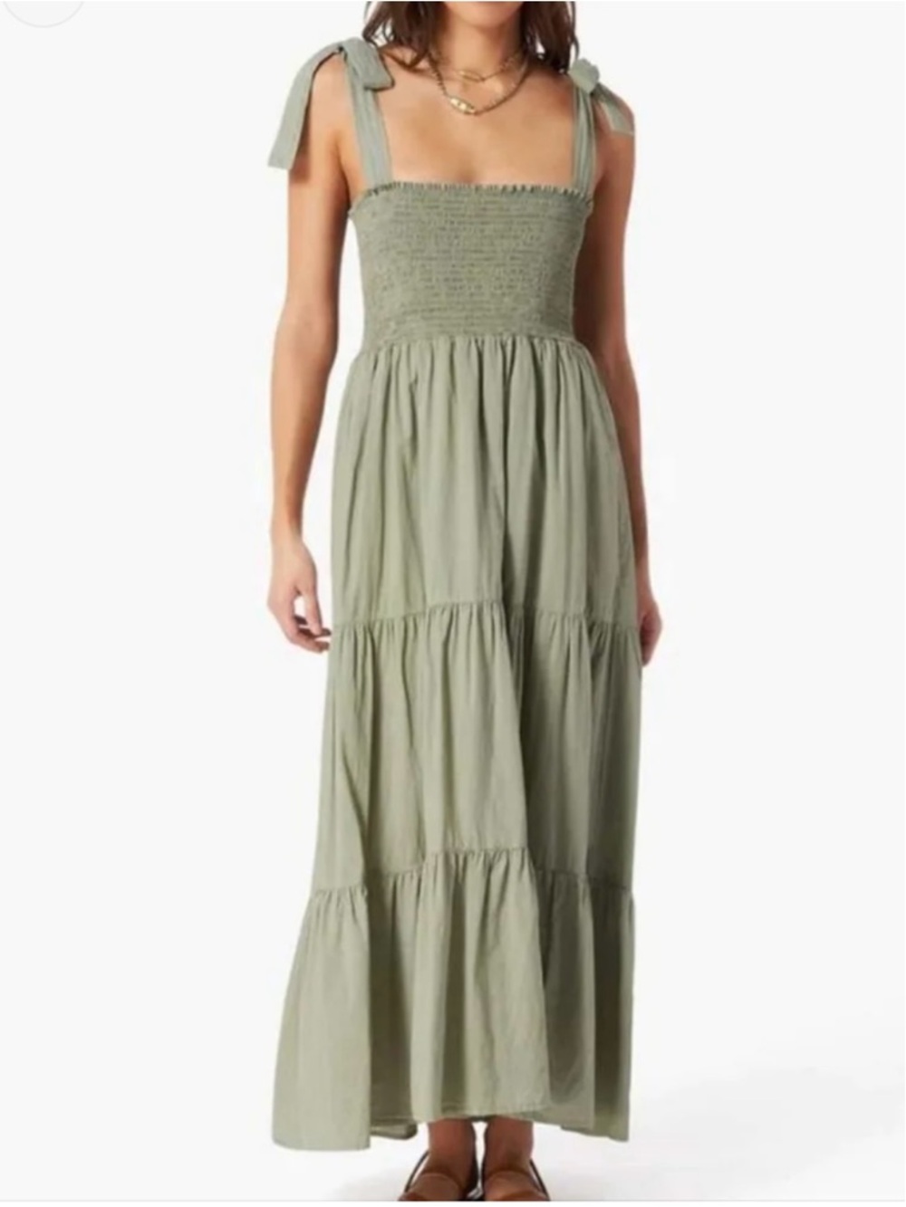 Xirena Lorraine Tiered Smocked Bodice Maxi Dress Sand Olive XS